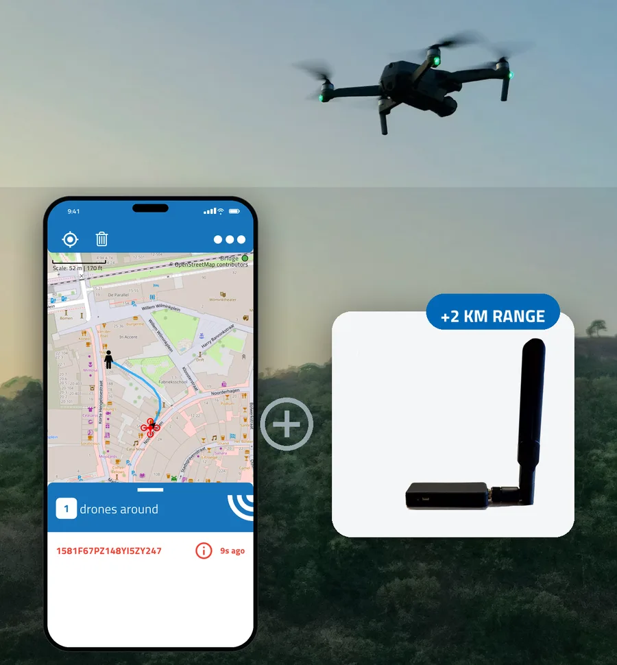 A drone in the sky, the DroneScout app showing it on a map, and the DroneScout Bridge ds110 with up to 2 km range