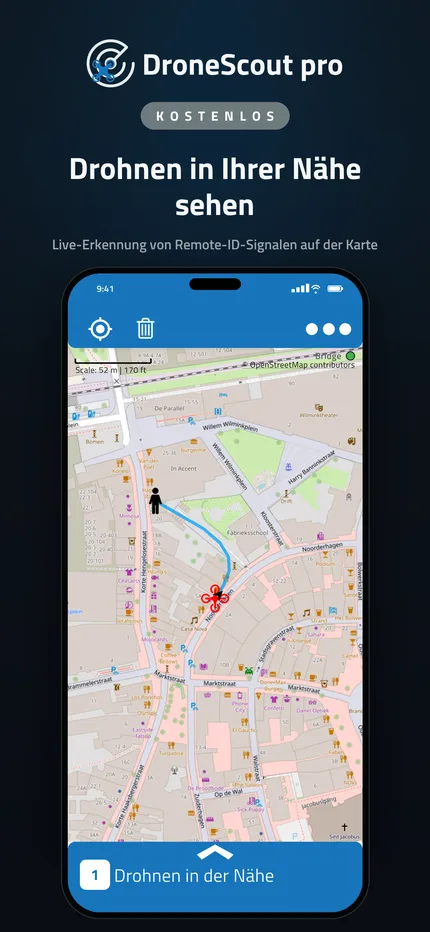 DroneScout-Karte mit Drohnen in der Nähe, erkannt über Remote ID