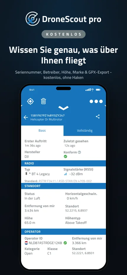 Alle Remote-ID-Daten einer erkannten Drohne
