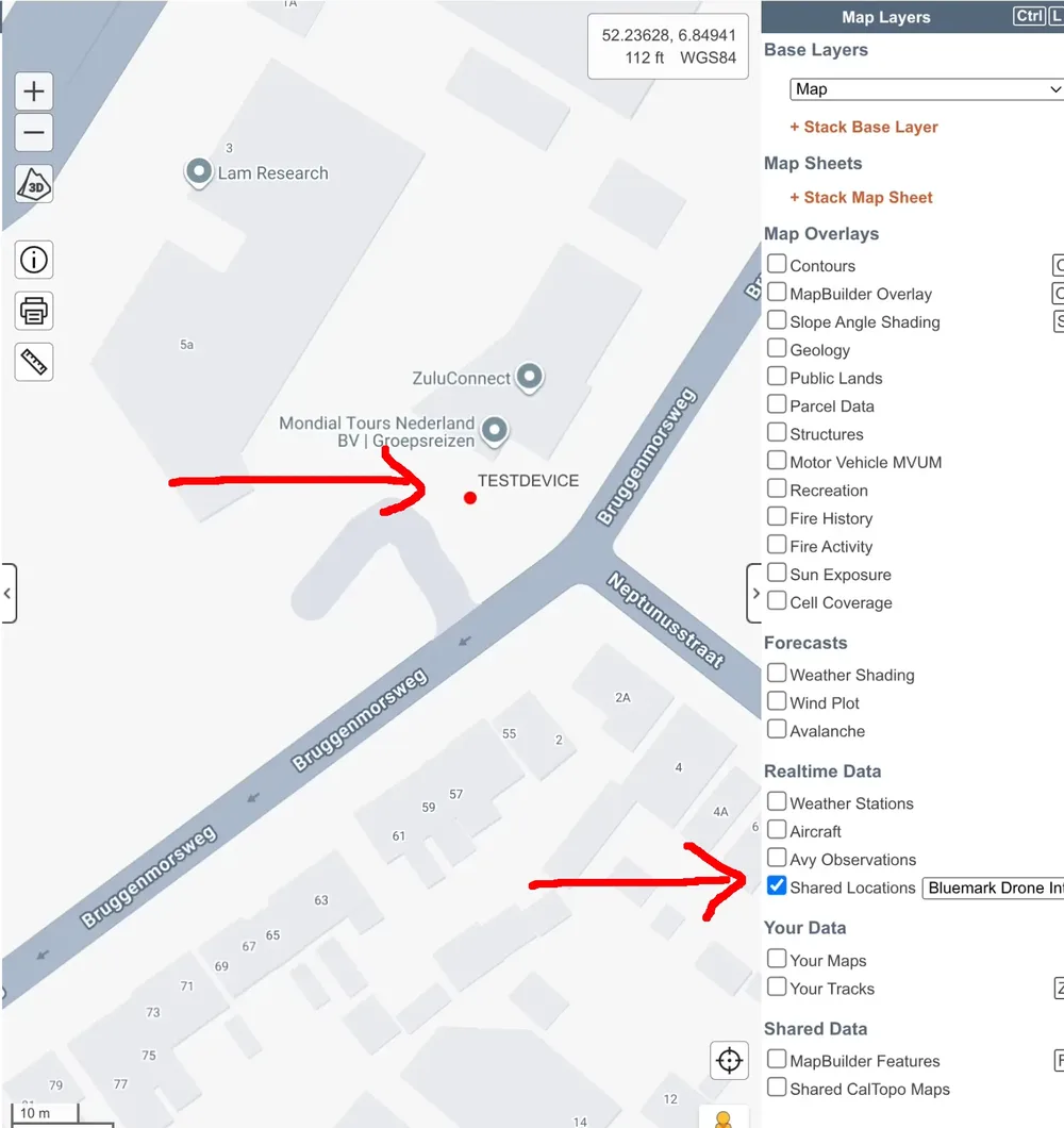 CalTopo map with TESTDEVICE shown as a red dot, and Shared Locations switched on under Realtime Data in the Map Layers panel