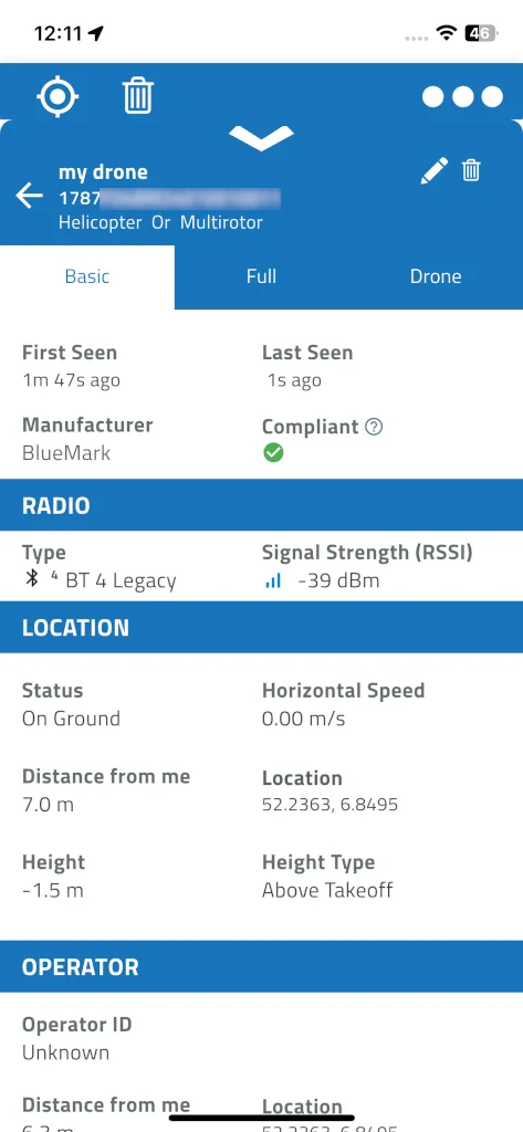 The Basic tab of a drone's details: first and last seen, manufacturer, a green Compliant check, and the Radio, Location and Operator sections