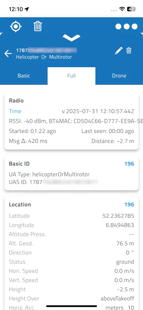 The Full tab of a drone's details: the Radio card with RSSI and message interval, and the Basic ID and Location messages with their packet counts