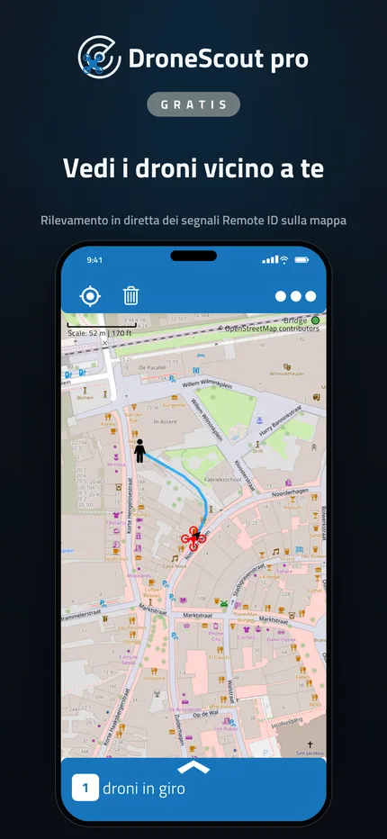 Mappa di DroneScout con i droni vicini rilevati tramite Remote ID