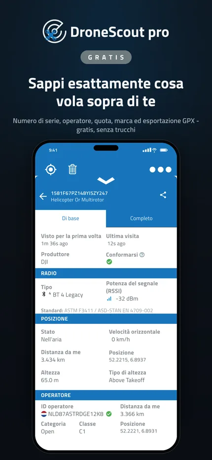 Tutti i dati della trasmissione Remote ID di un drone rilevato
