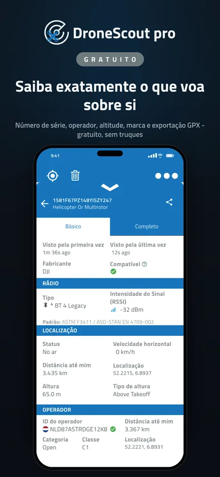 Todos os dados da transmissão Remote ID de um drone detetado