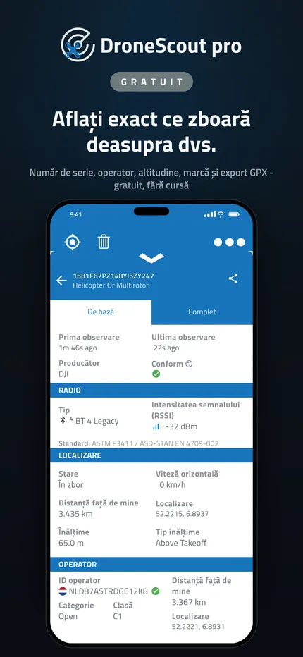 Detaliile complete ale transmisiei Remote ID pentru o dronă detectată