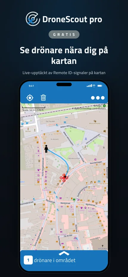 DroneScouts karta med drönare i närheten som upptäckts via Remote ID